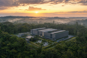 Centro de processamento de dados moderno em paisagem amazônica, representando a expansão da infraestrutura digital no Norte