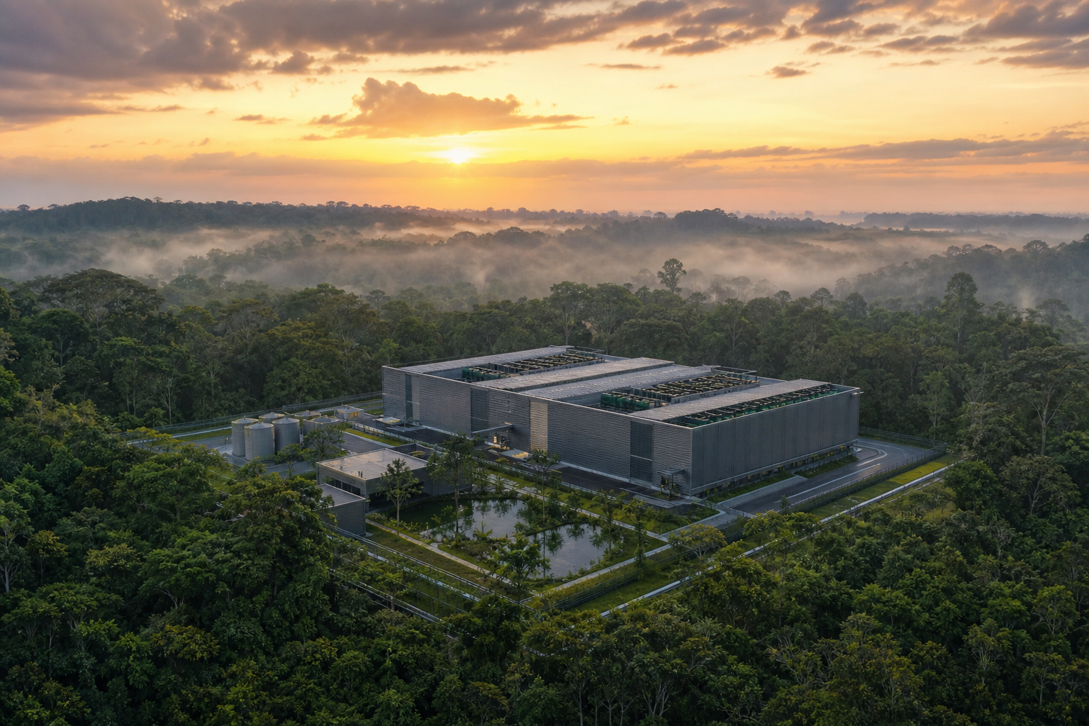 Centro de processamento de dados moderno em paisagem amazônica, representando a expansão da infraestrutura digital no Norte