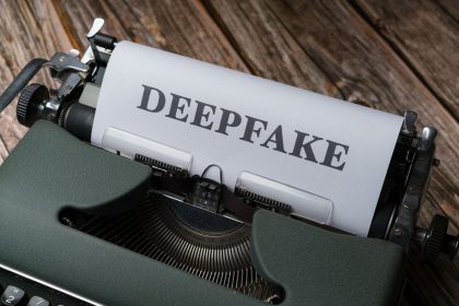 Close de uma máquina de escrever com a palavra “Deepfake” datilografada em uma folha de papel.