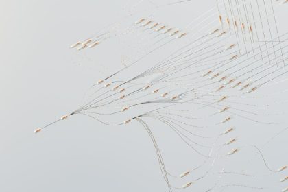 Ilustração abstrata de uma rede neural digital complexa, com conexões luminosas e fluxos de dados.