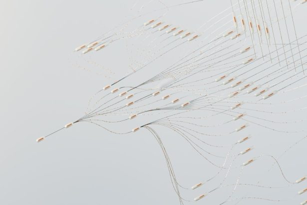 Ilustração abstrata de uma rede neural digital complexa, com conexões luminosas e fluxos de dados.