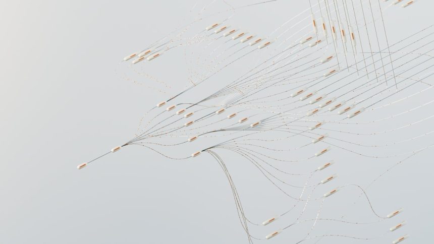 Ilustração abstrata de uma rede neural digital complexa, com conexões luminosas e fluxos de dados.