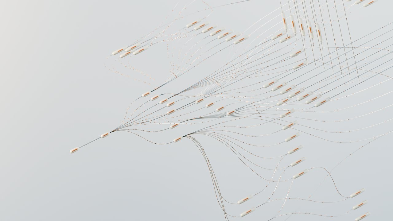 Ilustração abstrata de uma rede neural digital complexa, com conexões luminosas e fluxos de dados.